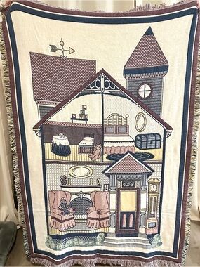 Vintage Dollhouse Woven Tapestry Throw Blanket in Cream, Pink & Navy Cottagecore